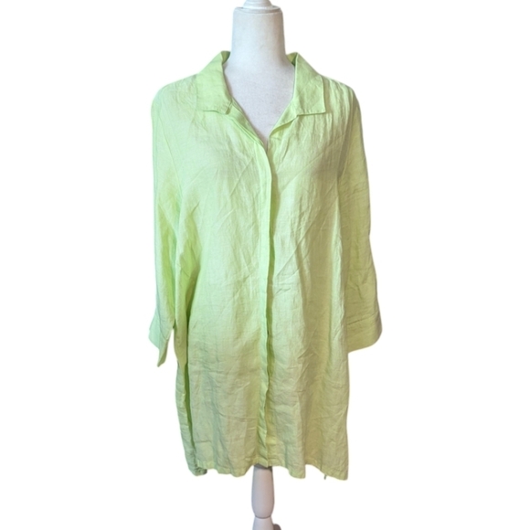 Foxcroft 100% linen lagenlook flowy button front long lime green tunic top Sz 16 - Picture 7 of 8